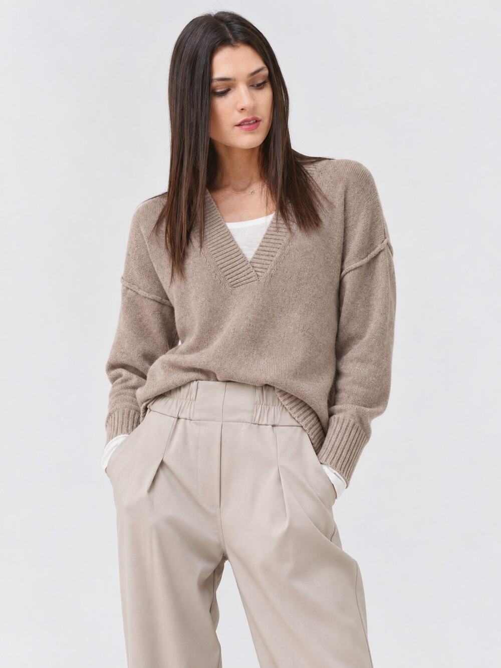 Brochu Walker Birkin Deep V Layered Looker Sweater Cashmere Wool Coastal Small